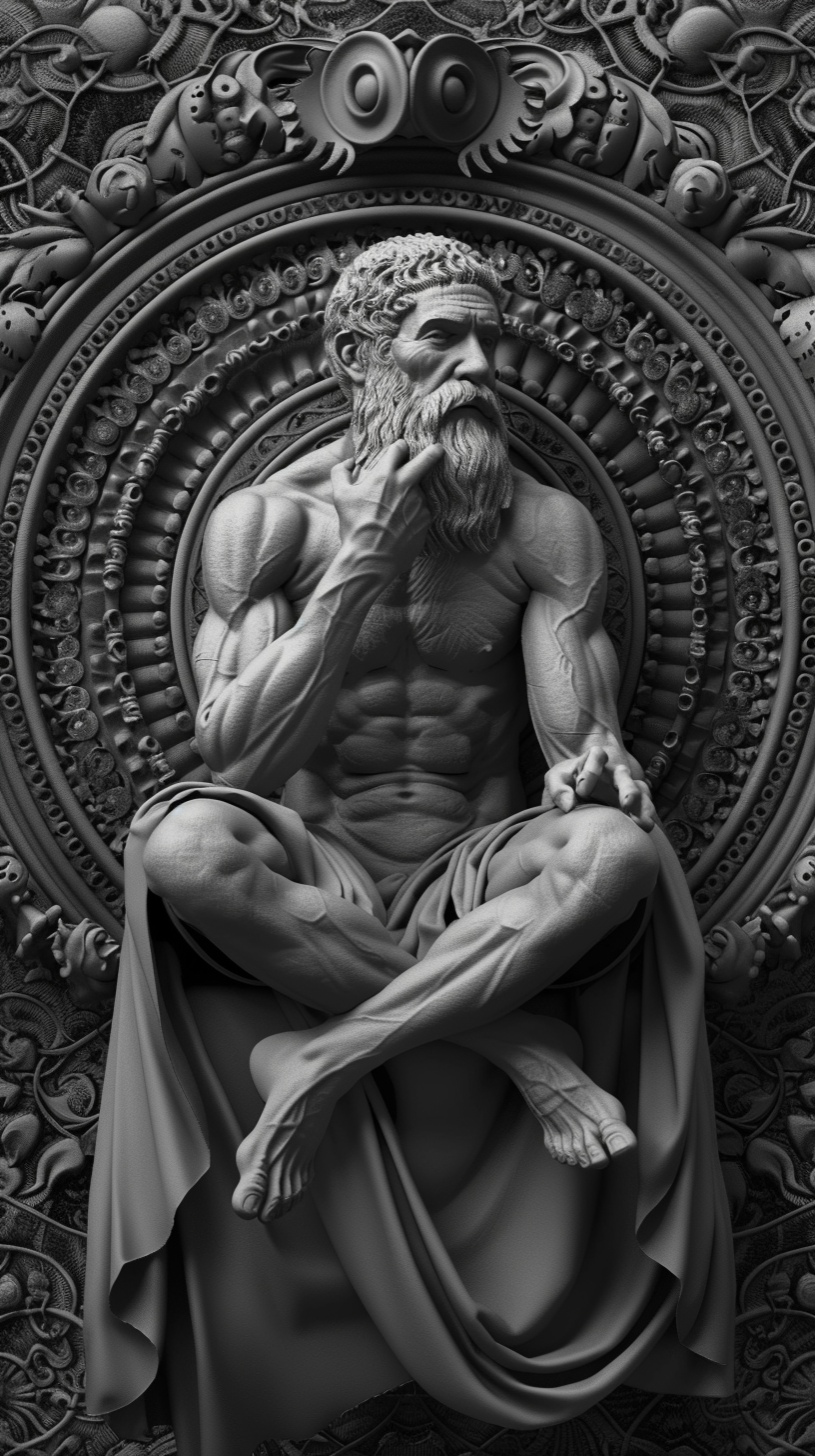 muscular greek philosopher warrior contemplating greyscale