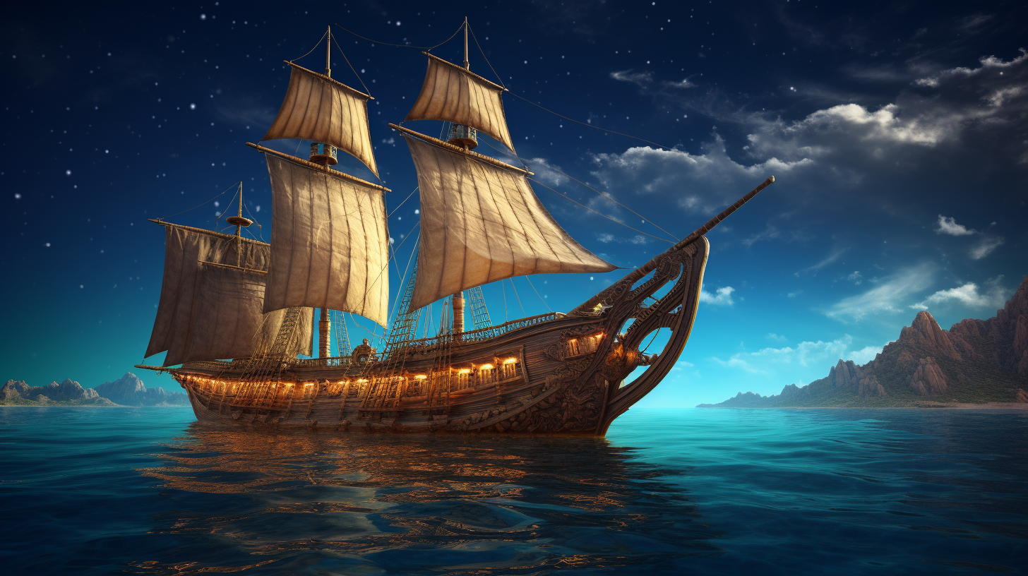 Ancient Greek Ship sailing in the night ocean