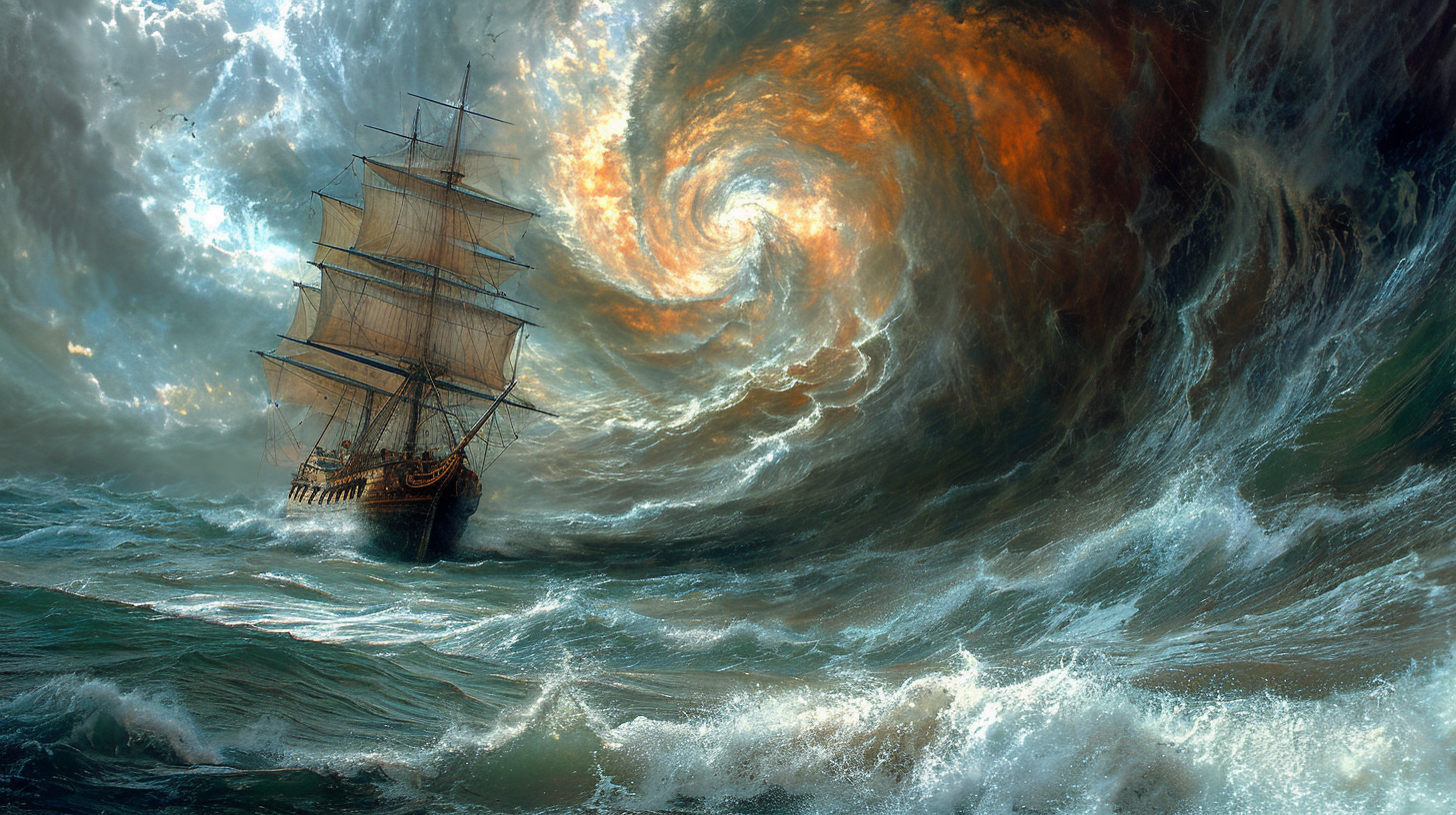 Ancient Greek ship heading into a vortex at sea