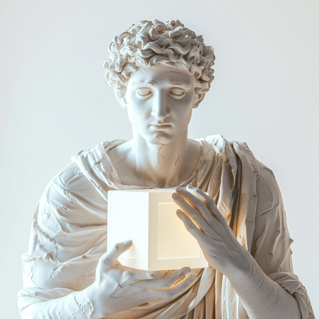 Greek Statue Holding 3D Cube