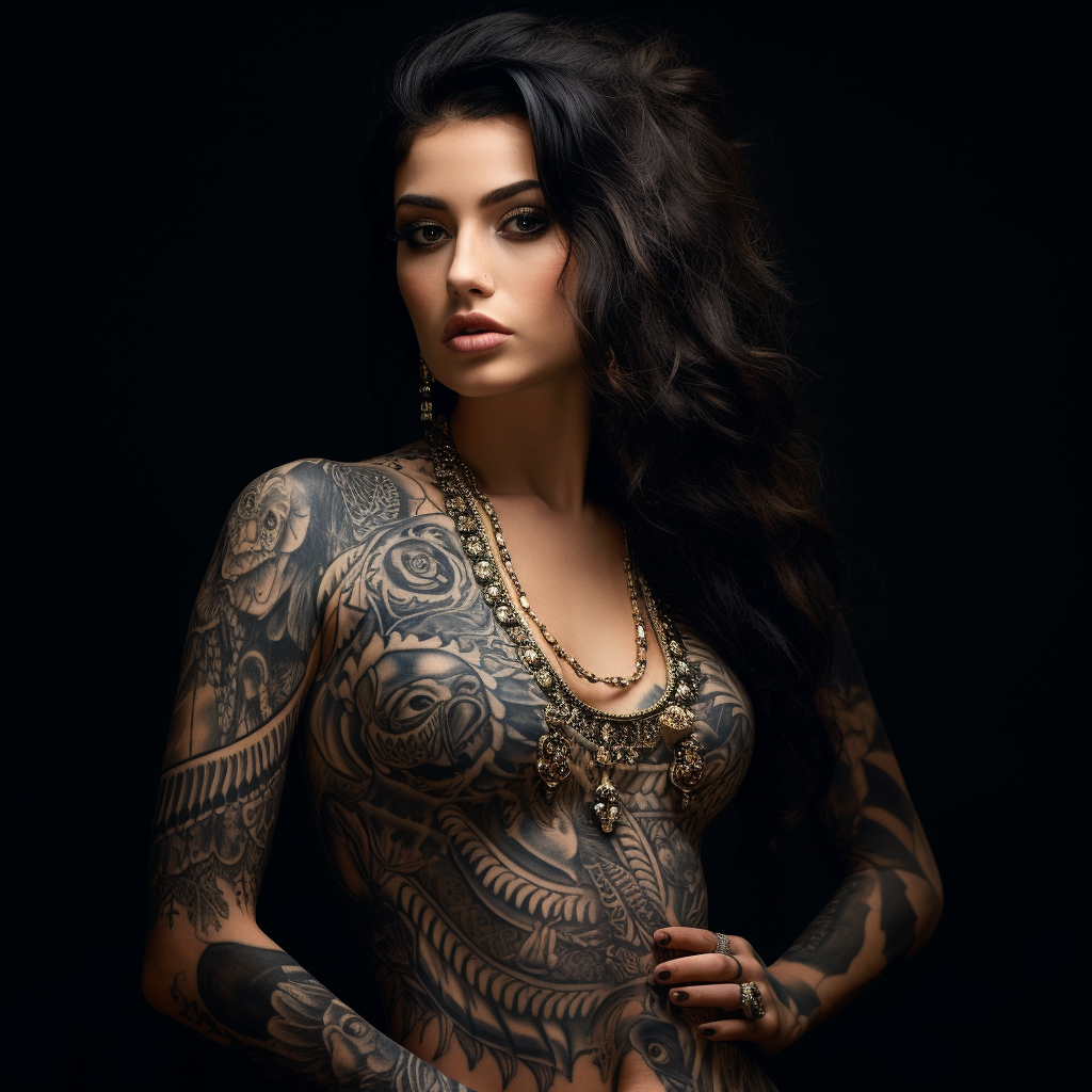 Young brunette woman with intricate Greek-style tattoos