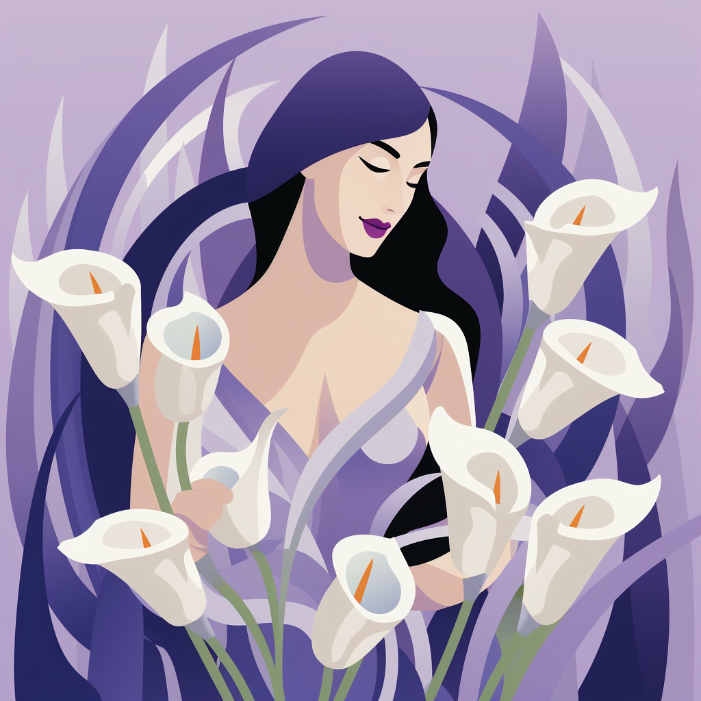 Greek woman holding calla lilies in soft geometry style