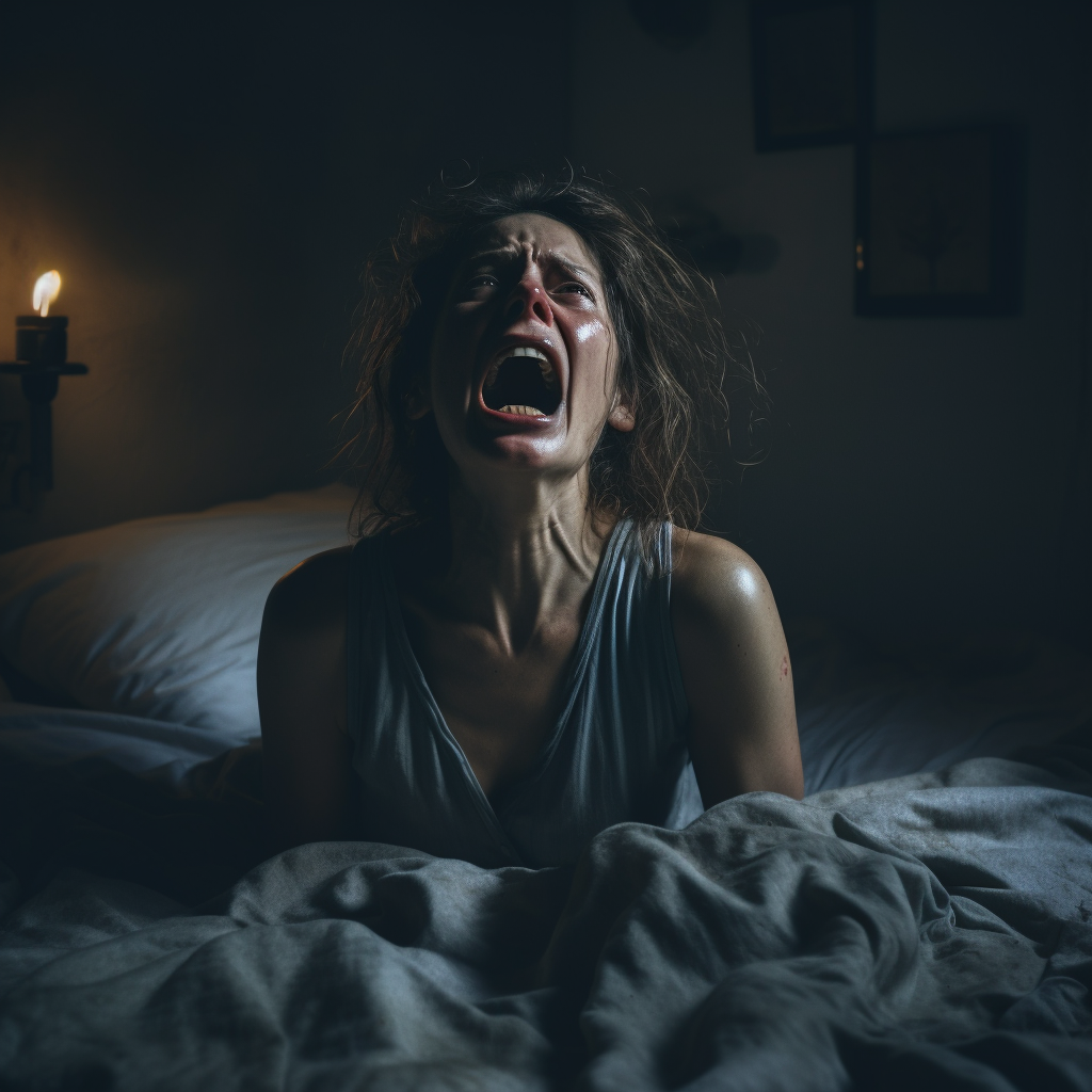 Screaming Greek Woman in Dark Bedroom