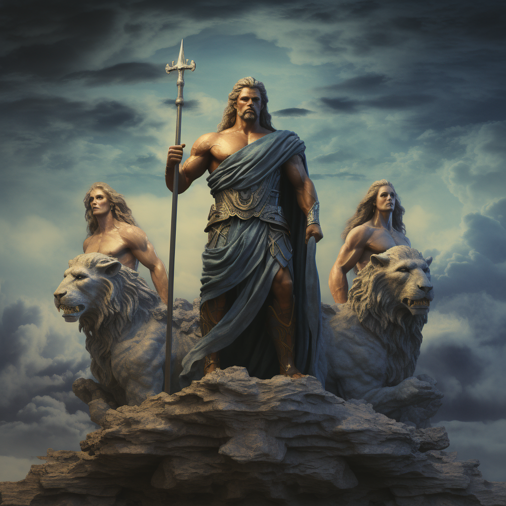 Ultrarealistic photo of Greek Gods with Olymp background