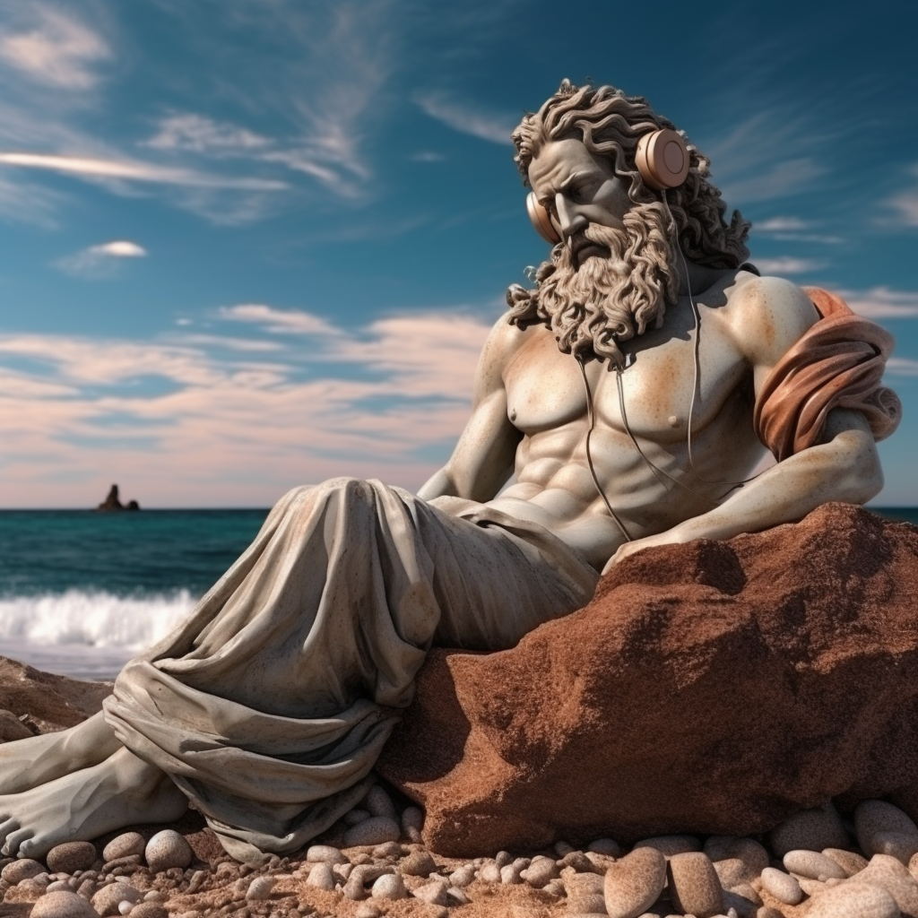 Colorful Greek sculpture of Zeus enjoying summer on the beach