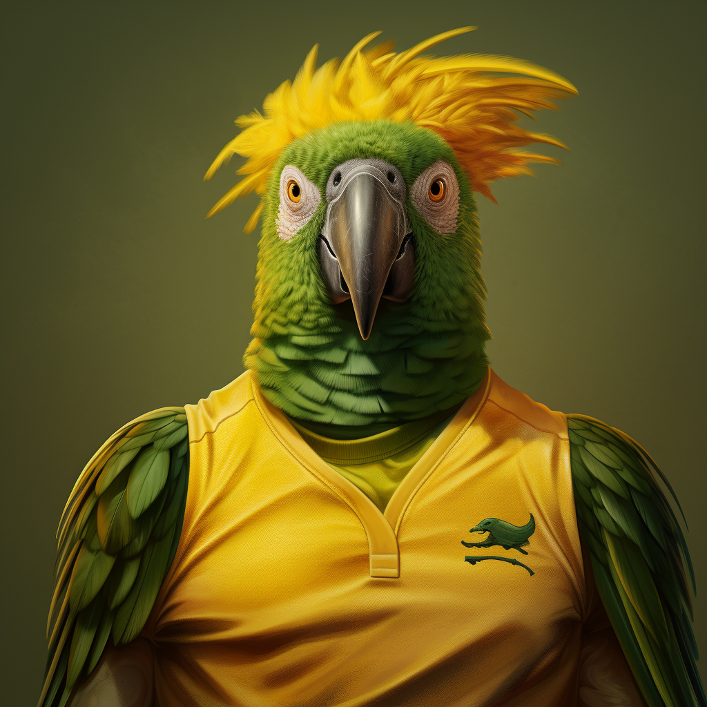 Muscular anthropomorphic parrot wearing green jumper