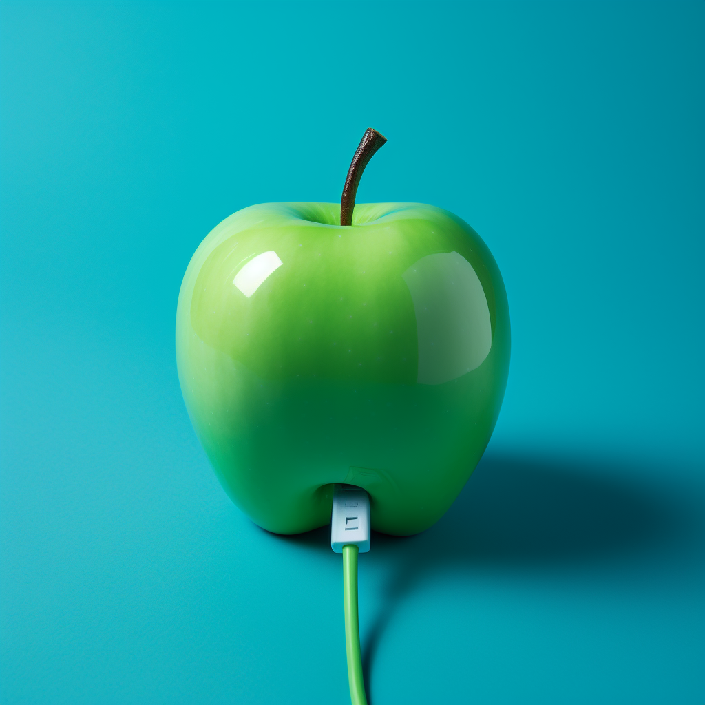 Green apple connected to USB cable with conversation bubble