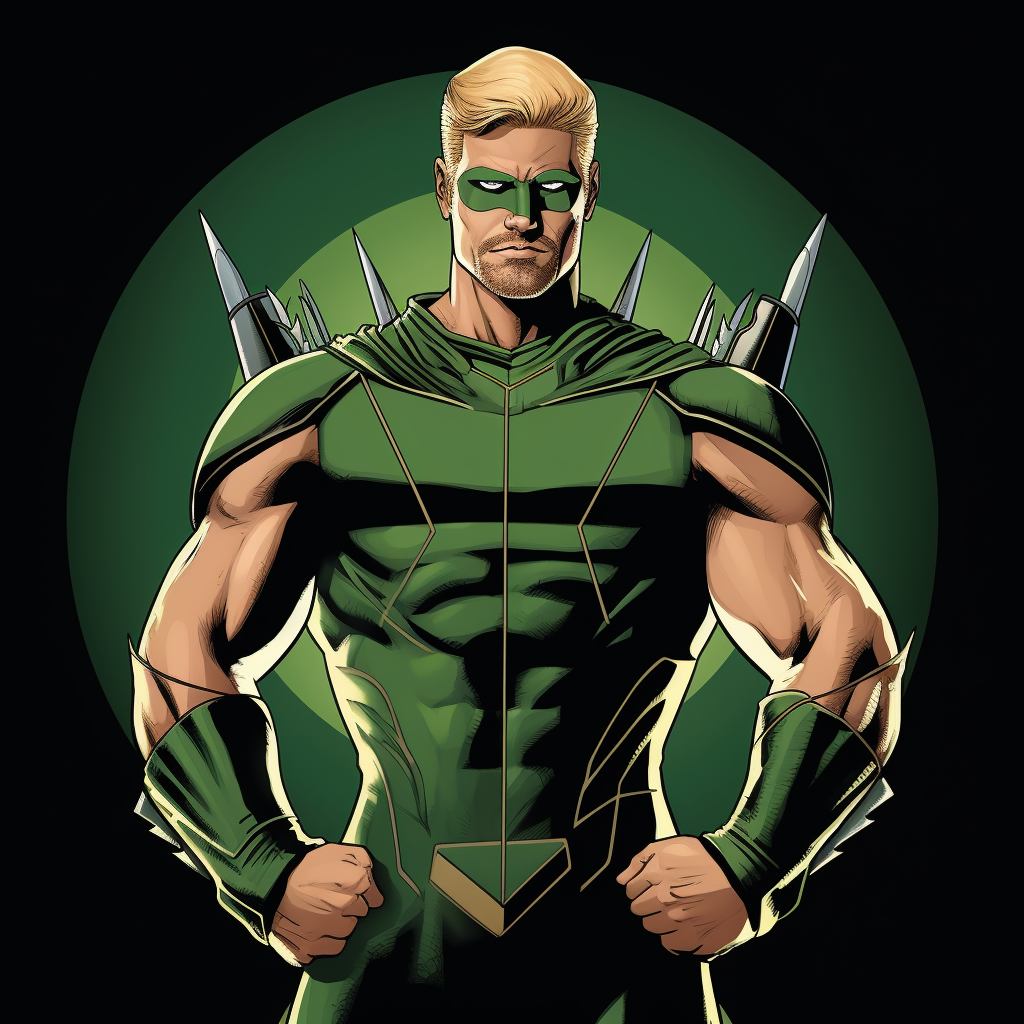 Green Arrow in classic outfit strikes a heroic pose