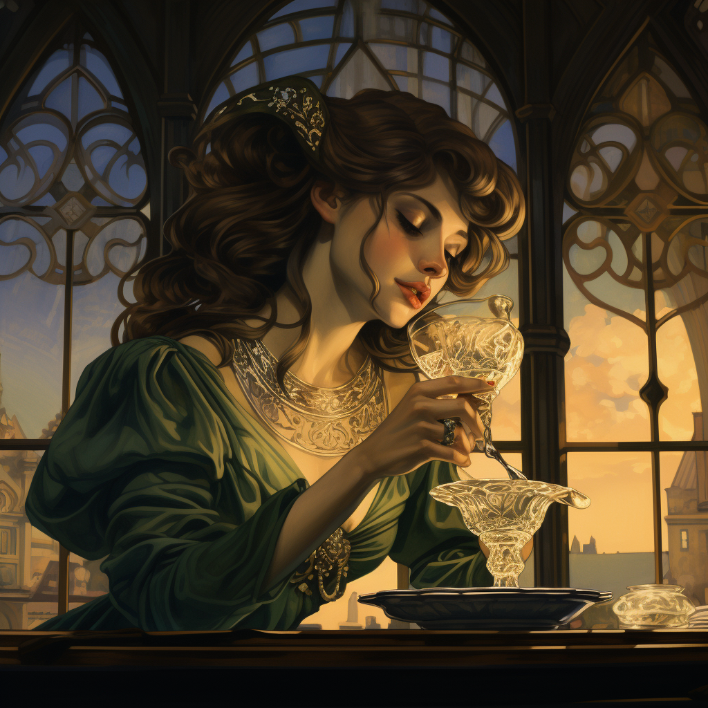 Woman enjoying absynthe at art nouveau café