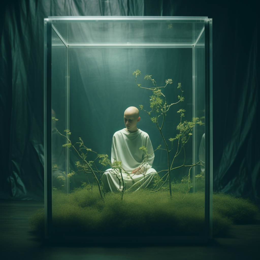 Bald kid meditating in green background