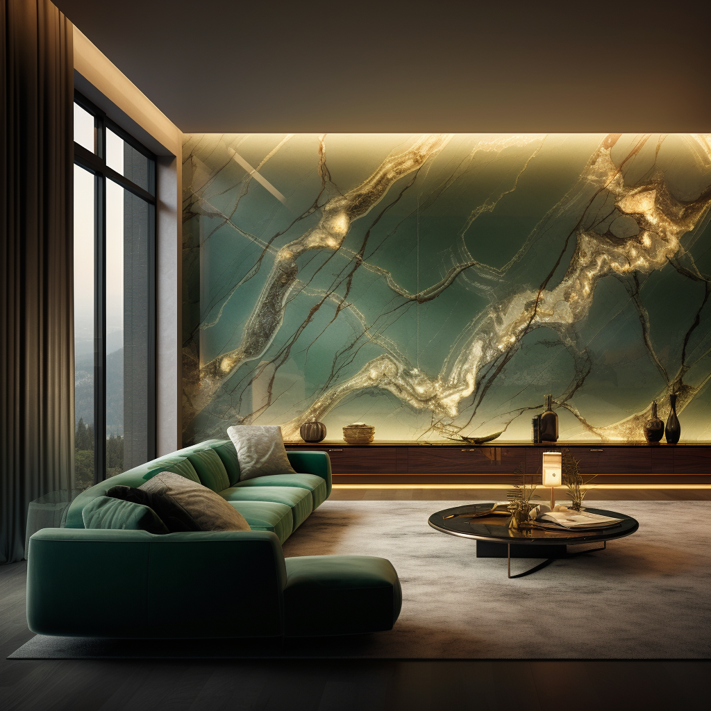 Green backlit marble onyx paneling in living room