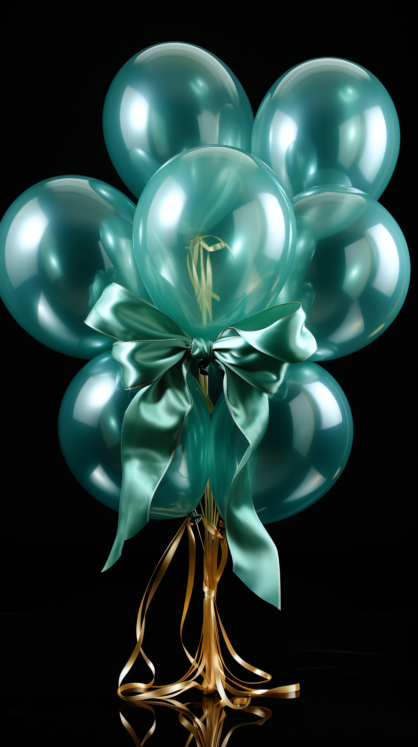 Green balloons floating with ribbons