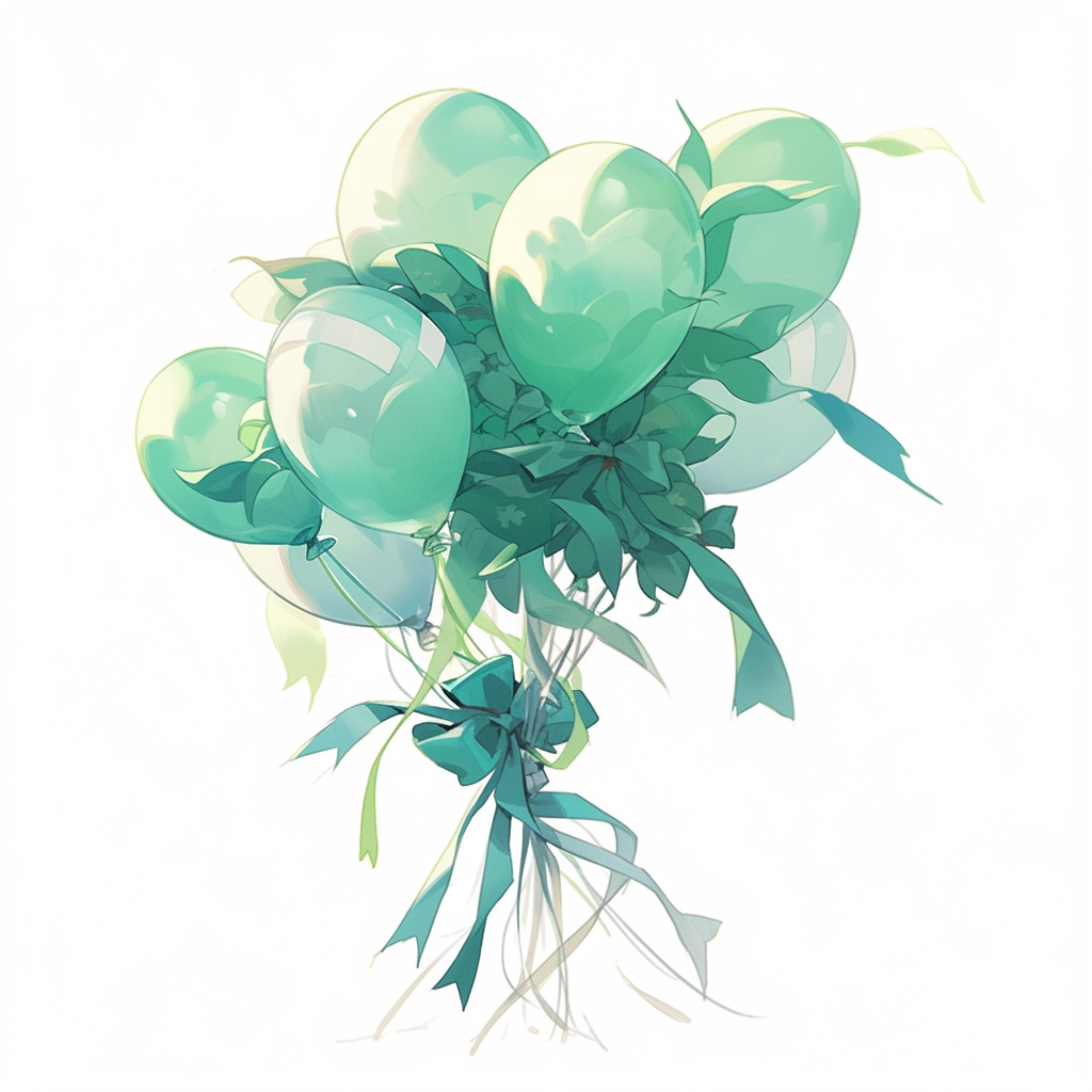 Green balloons tied together floating with intertwined ribbons