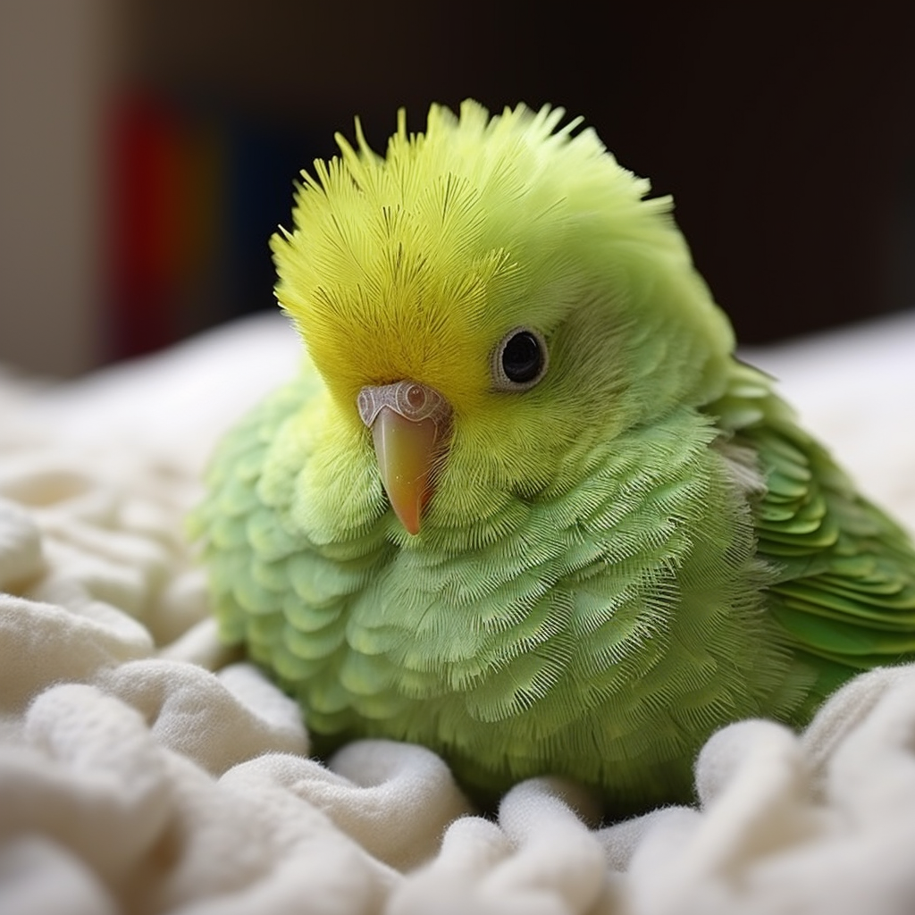 Green bird with white stripes on soft fur