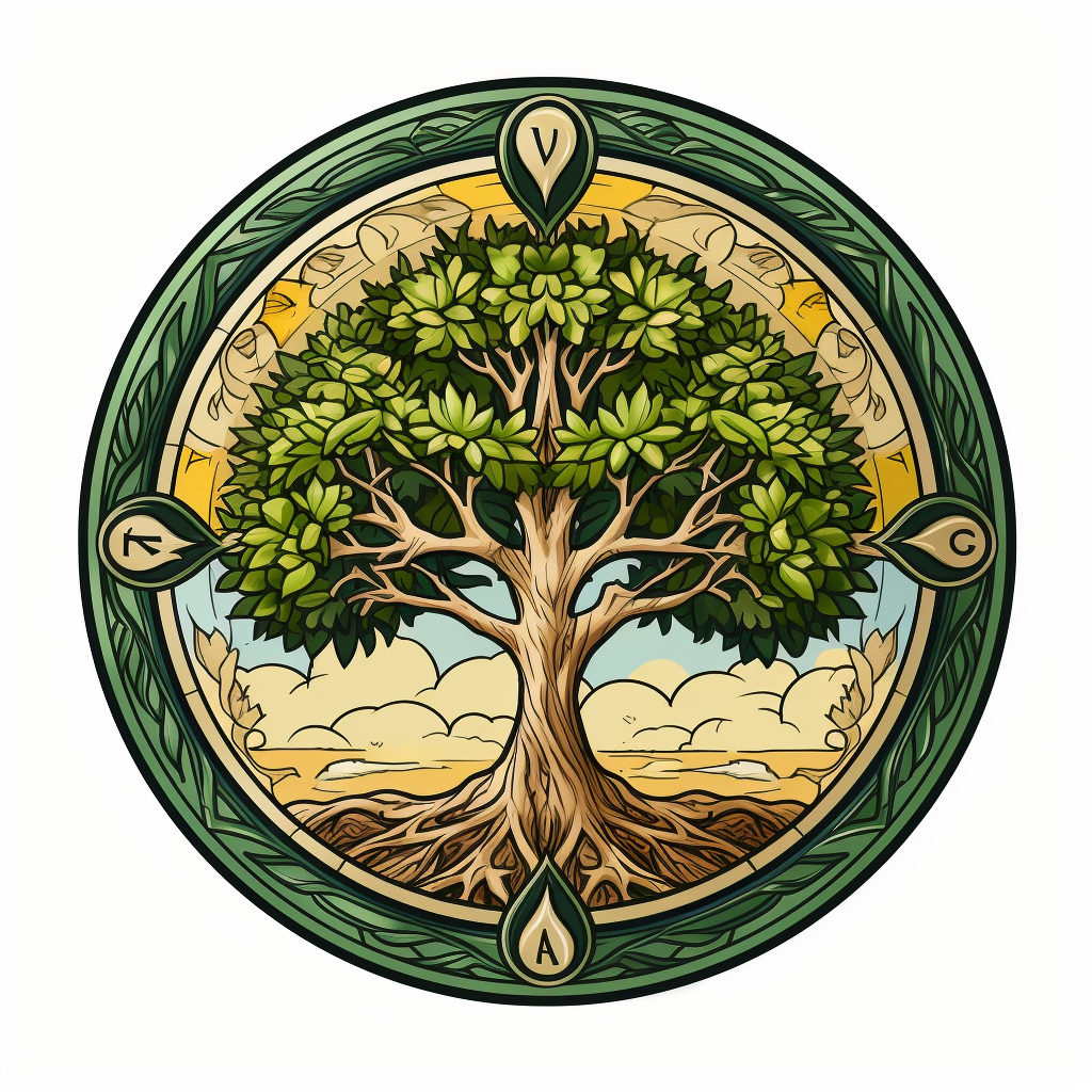 Multi-colored logo with oak tree and compass