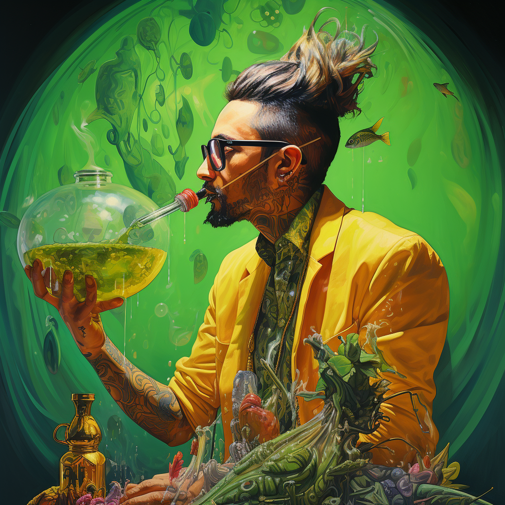 Man with Green Braided Mohawk Smoking Pipe and Holding Bong