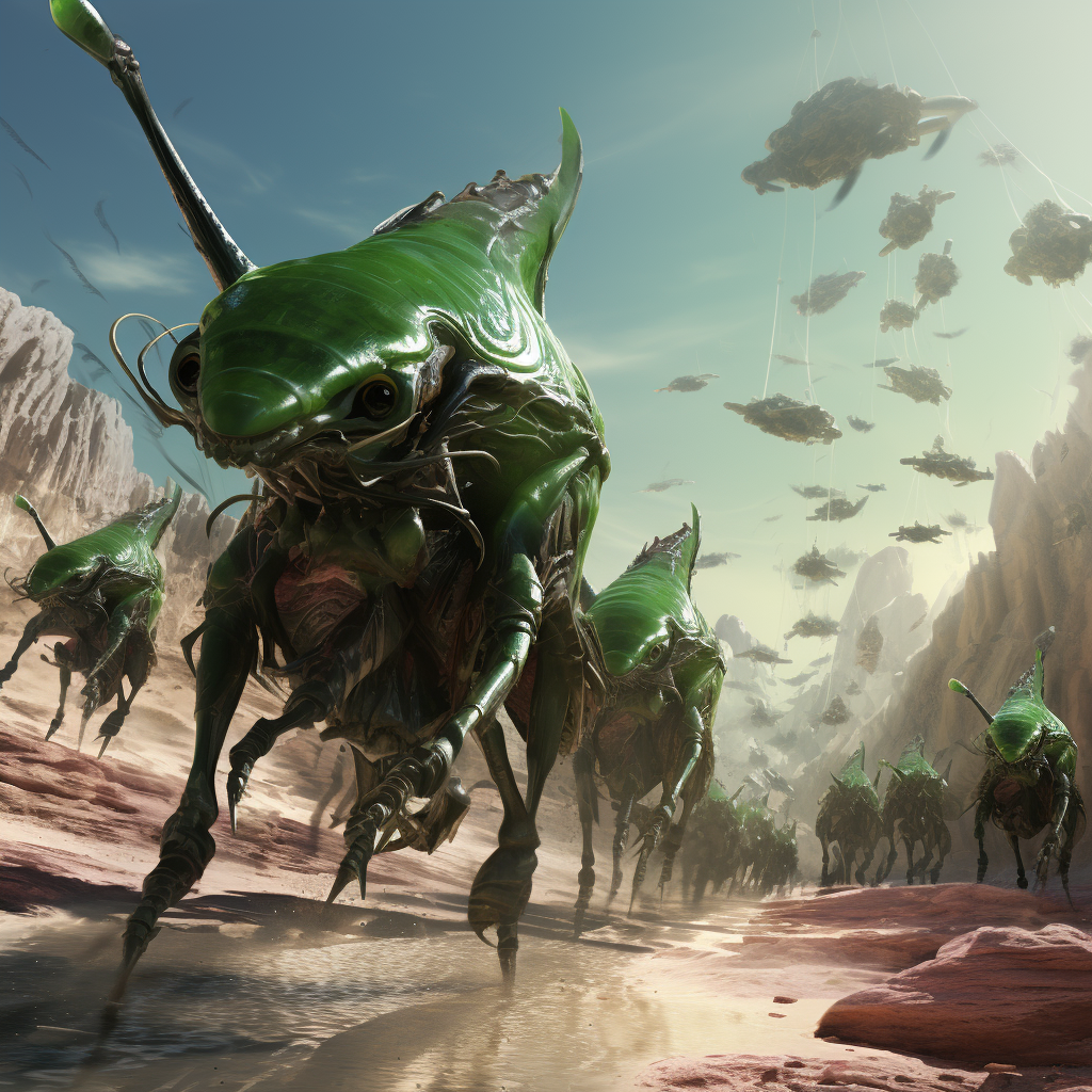 Army of green bug-riding elven bedouin charging