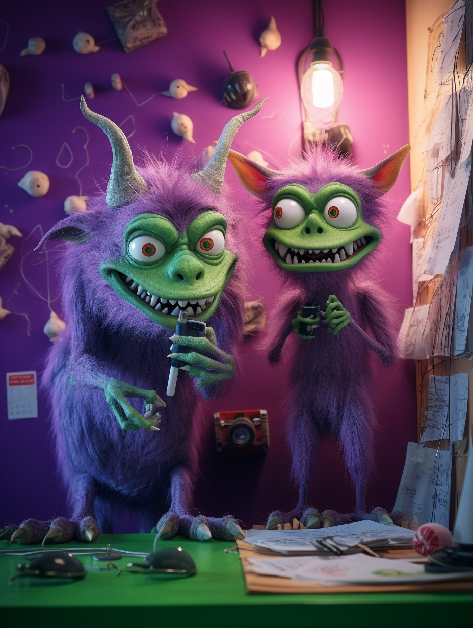 Two purple devil figurines on bulletin board