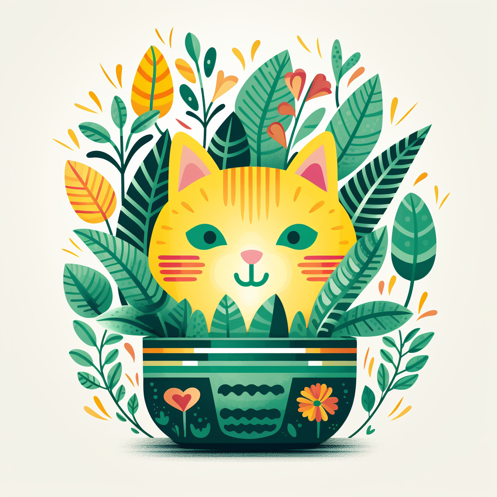 Illustration of green cat plant in patterned pot