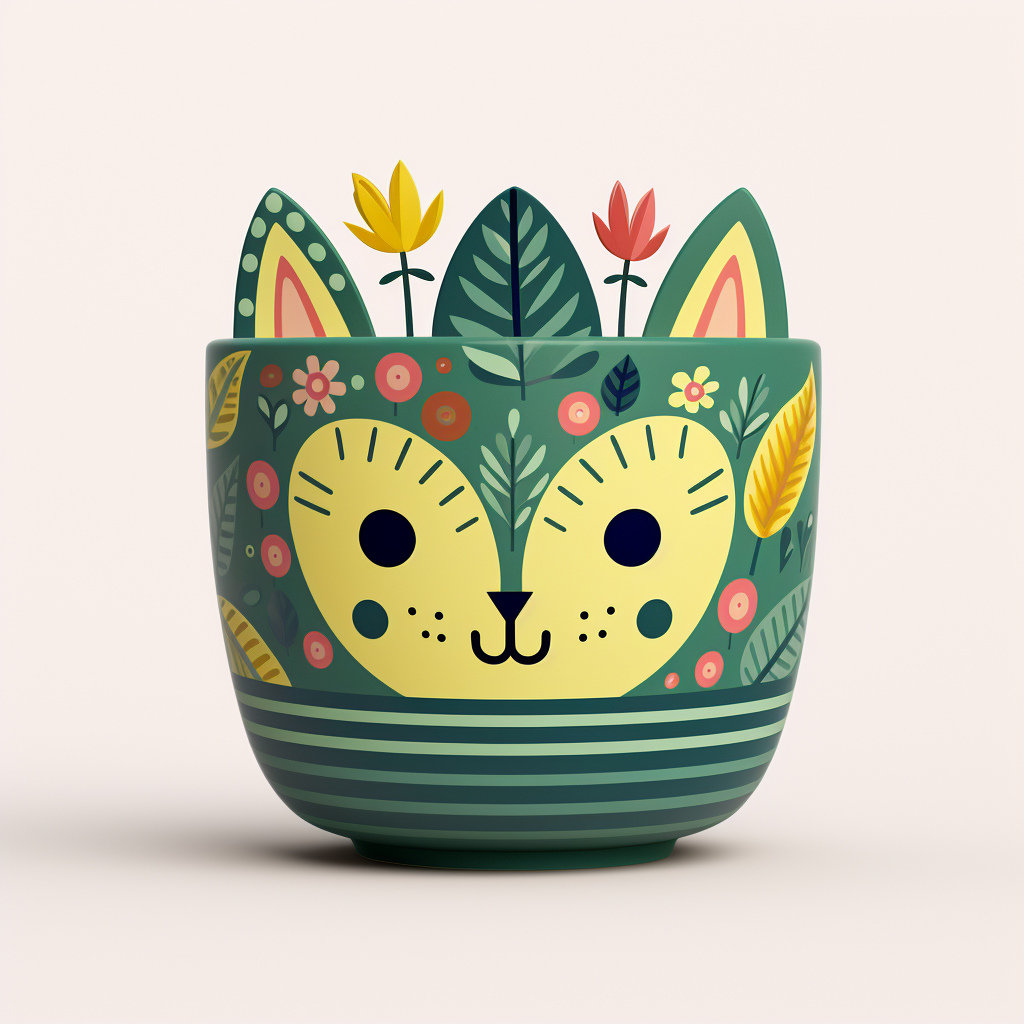 Green cat plant in colorful pattern pot