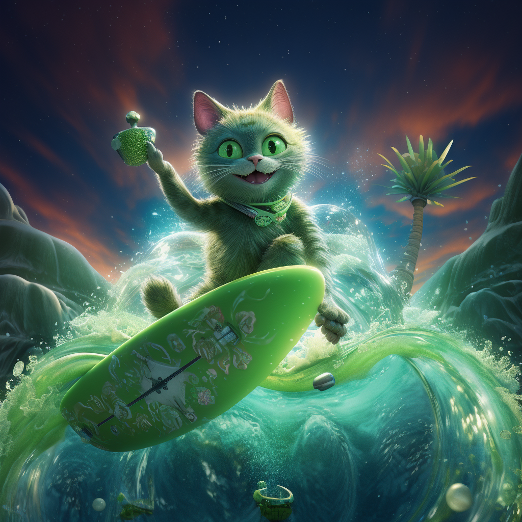 Green Cat Riding Surfboard on Moon