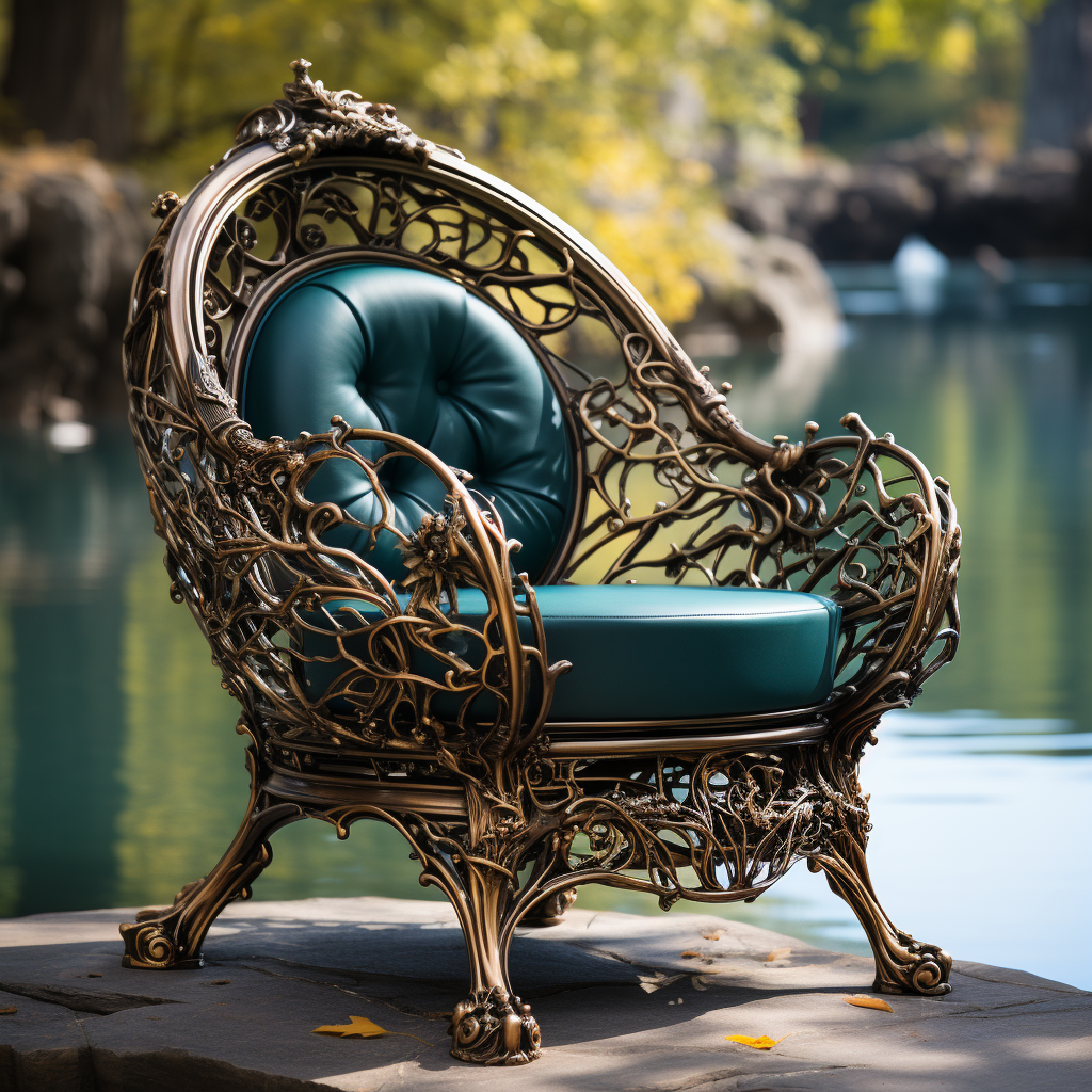 Captivating green chair made of branches in front of a lake