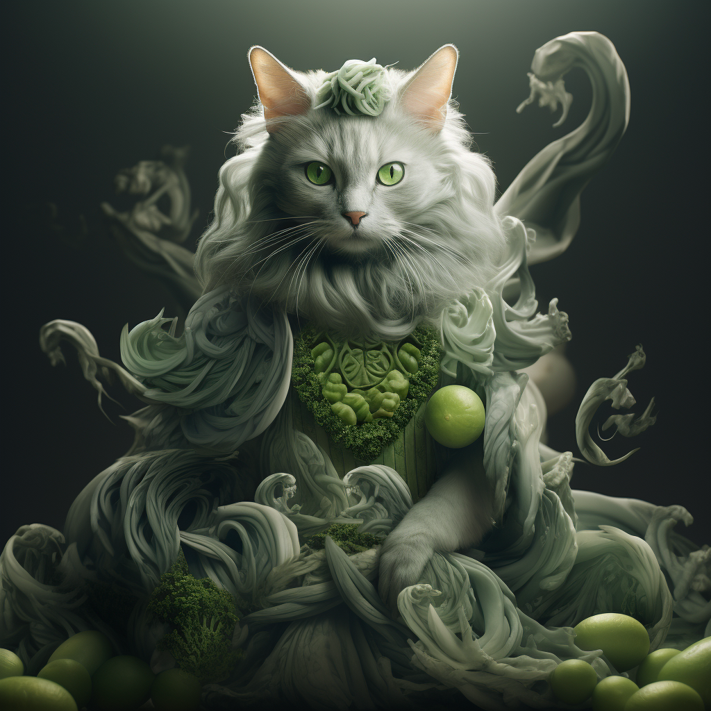 Cat in Green Chinese Costume with Vegetables