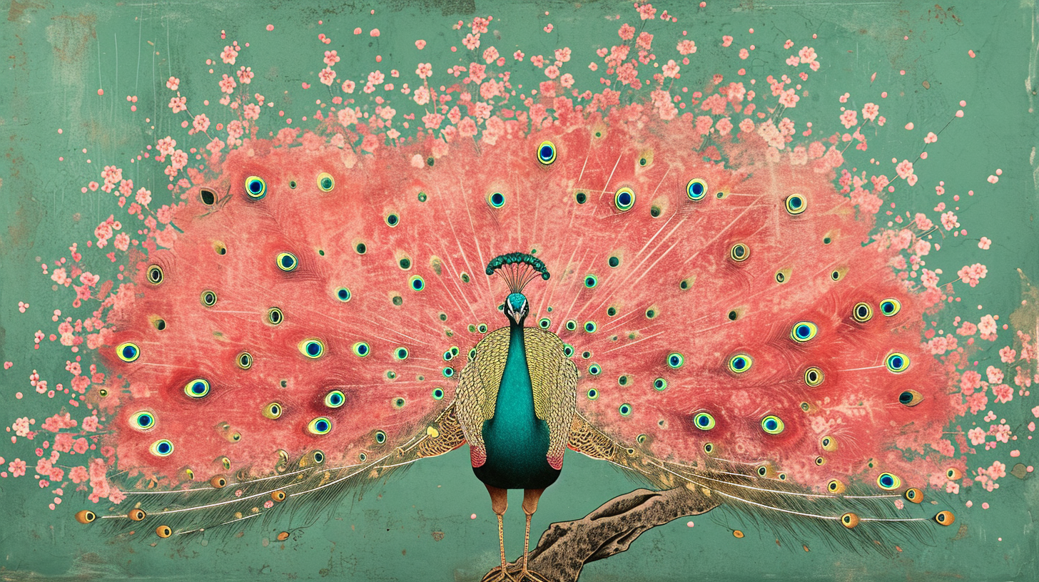 Green Chromatic Background with Pink Peacock Tree