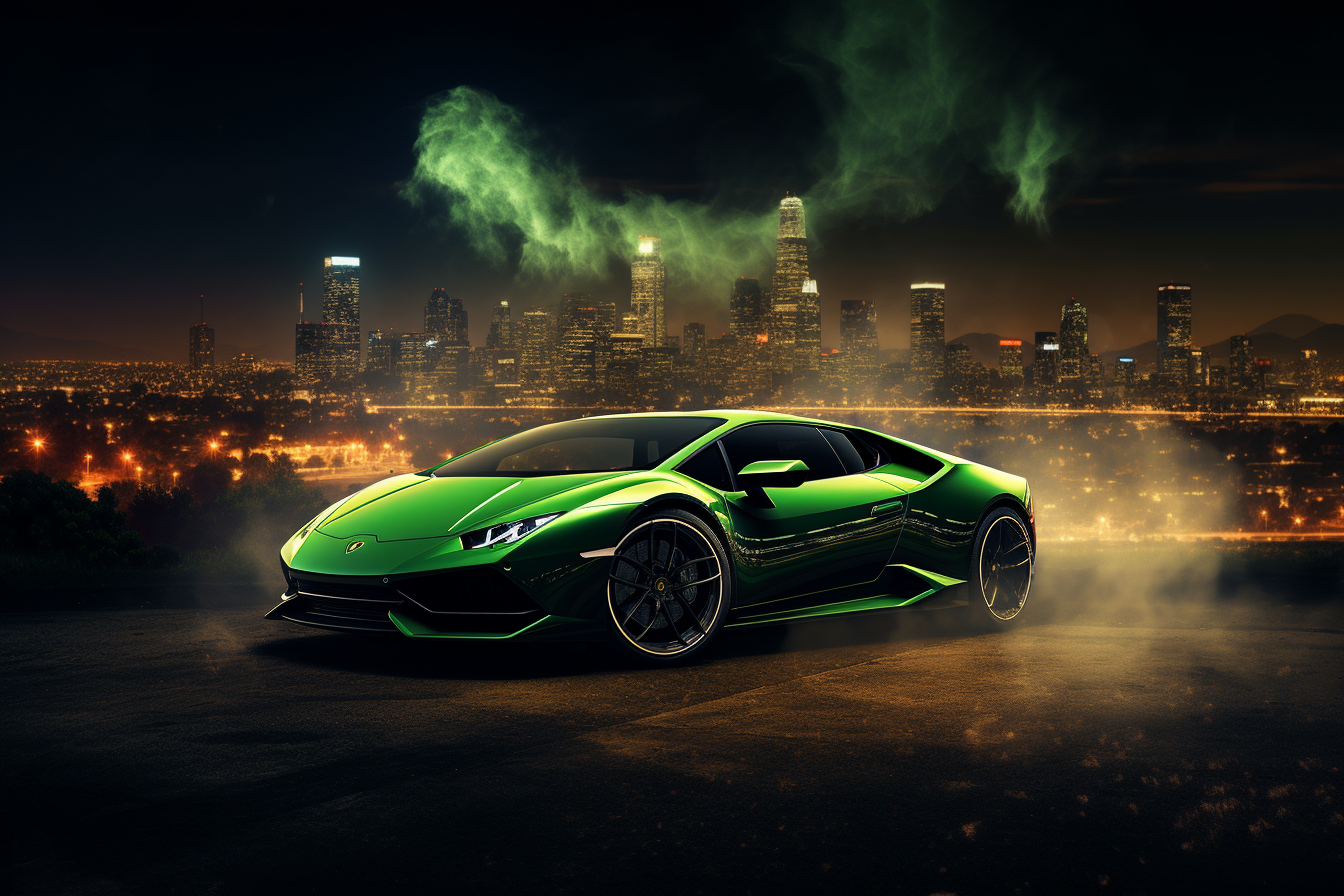 Green Lamborghini with Burning City Panorama