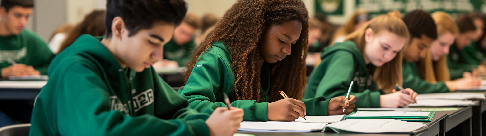 students writing test in green classroom