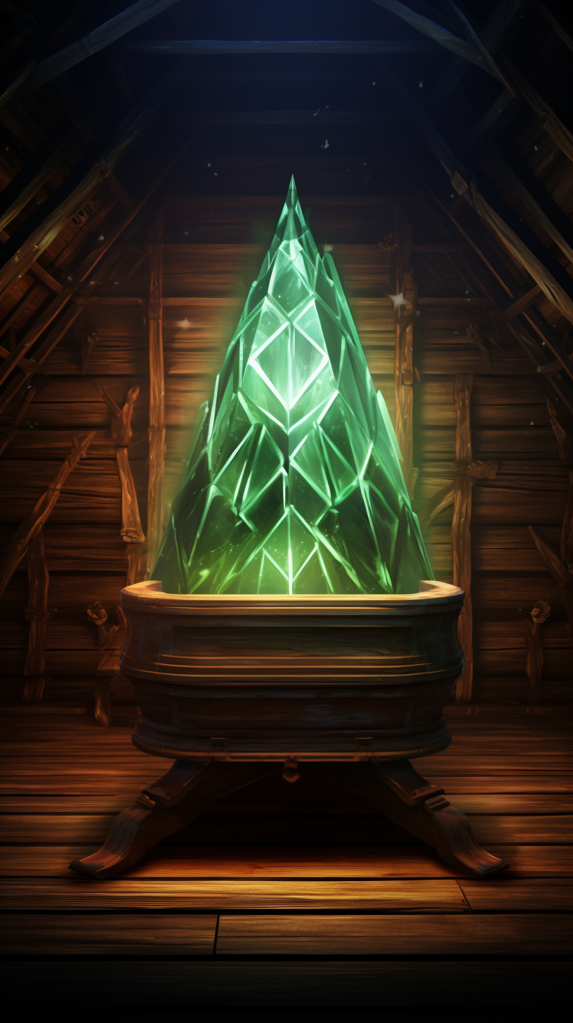 Green crystal coffin in wooden room