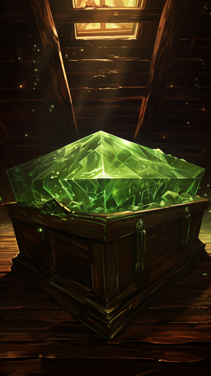 Enchanting green crystal coffin in wooden room on ship