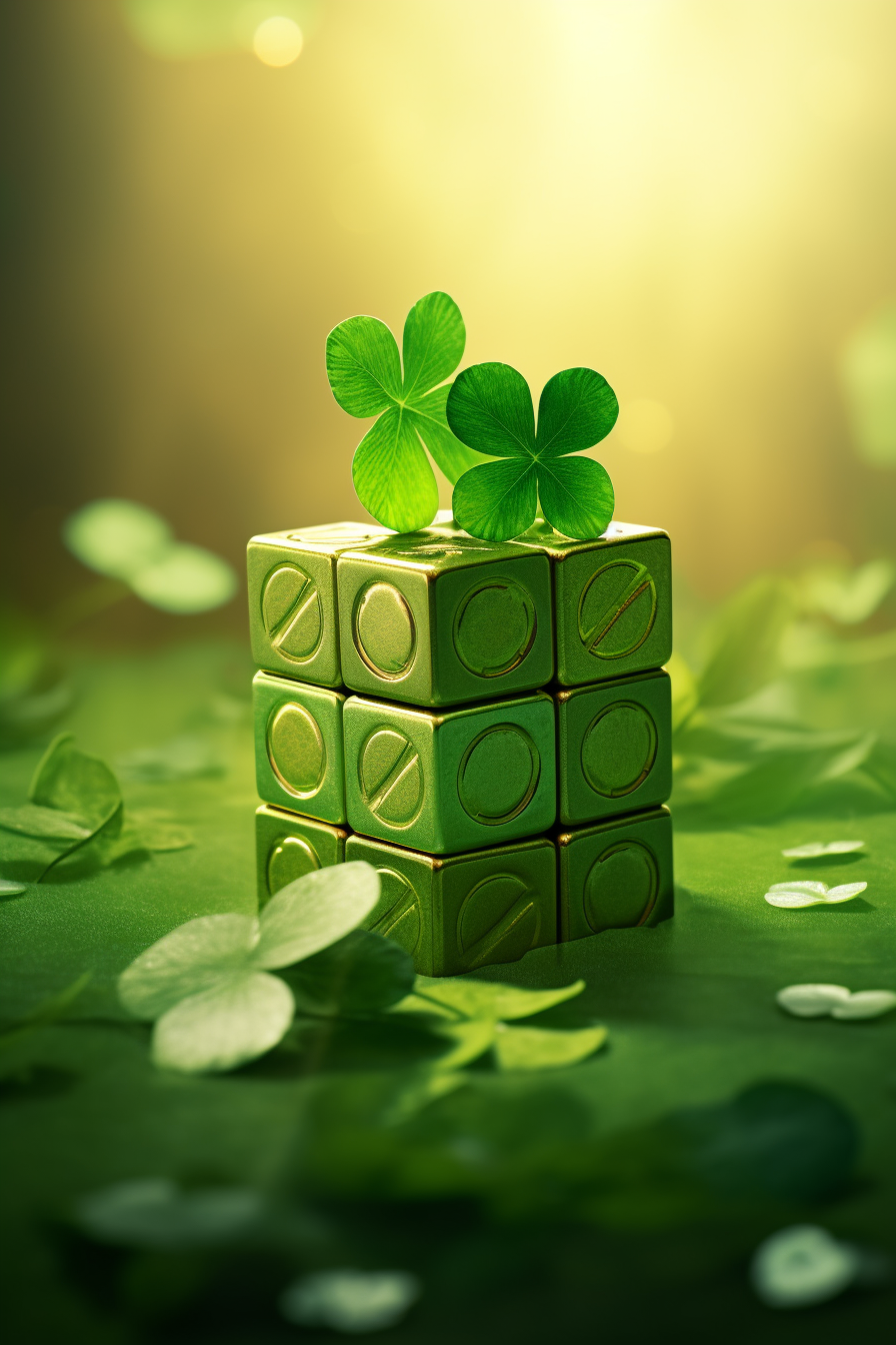 Green cube with clovers on table