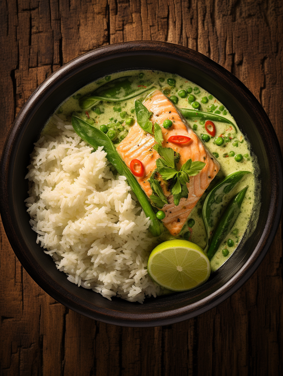 Green Curry with White Rice and Salmon in a Black Bowl