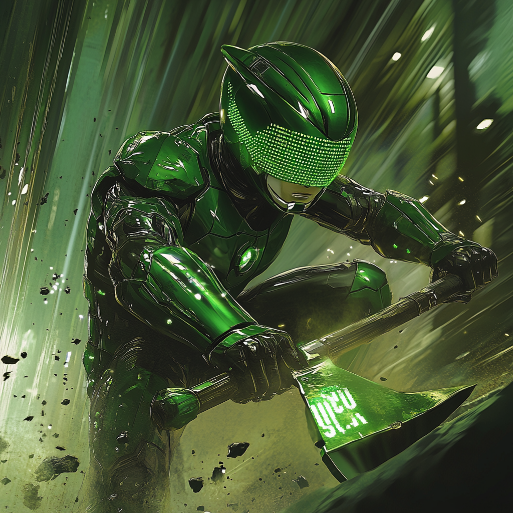 green cyber ranger with code on visor, sledge hammer