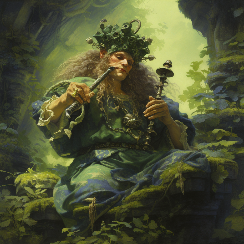 Green dancer fey deity playing pipes