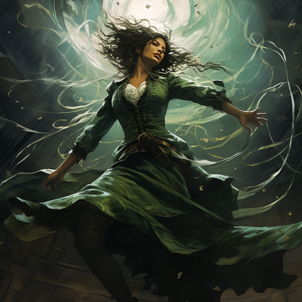 Woman gracefully dancing in green amidst a storm