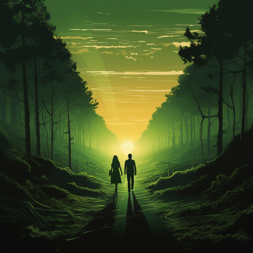 Two silhouettes walking on a green dawn road