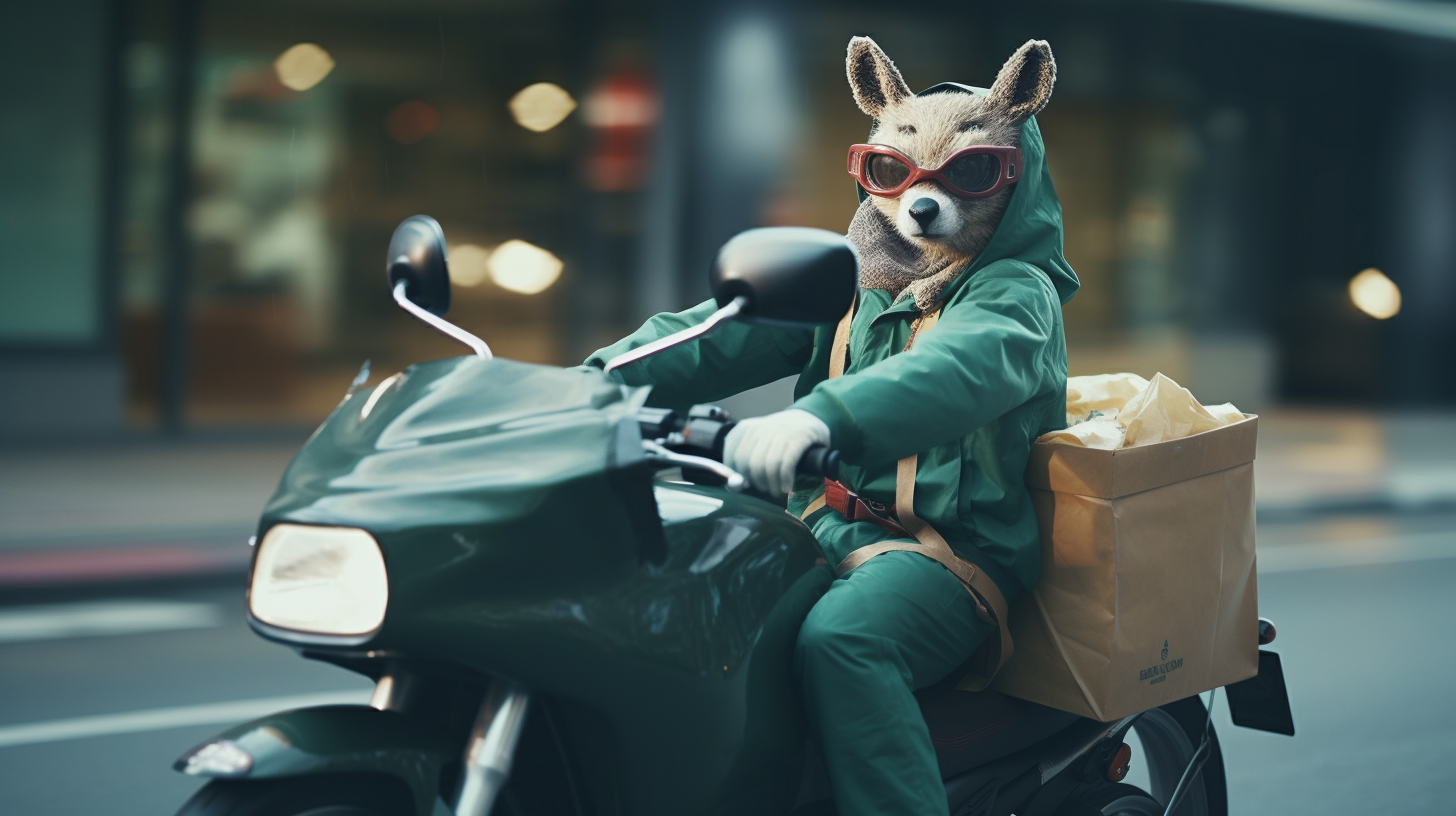 Deer on Motorcycle with Green Delivery Bag