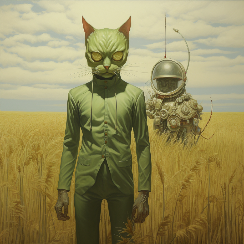 Green demon and metallic cat in field