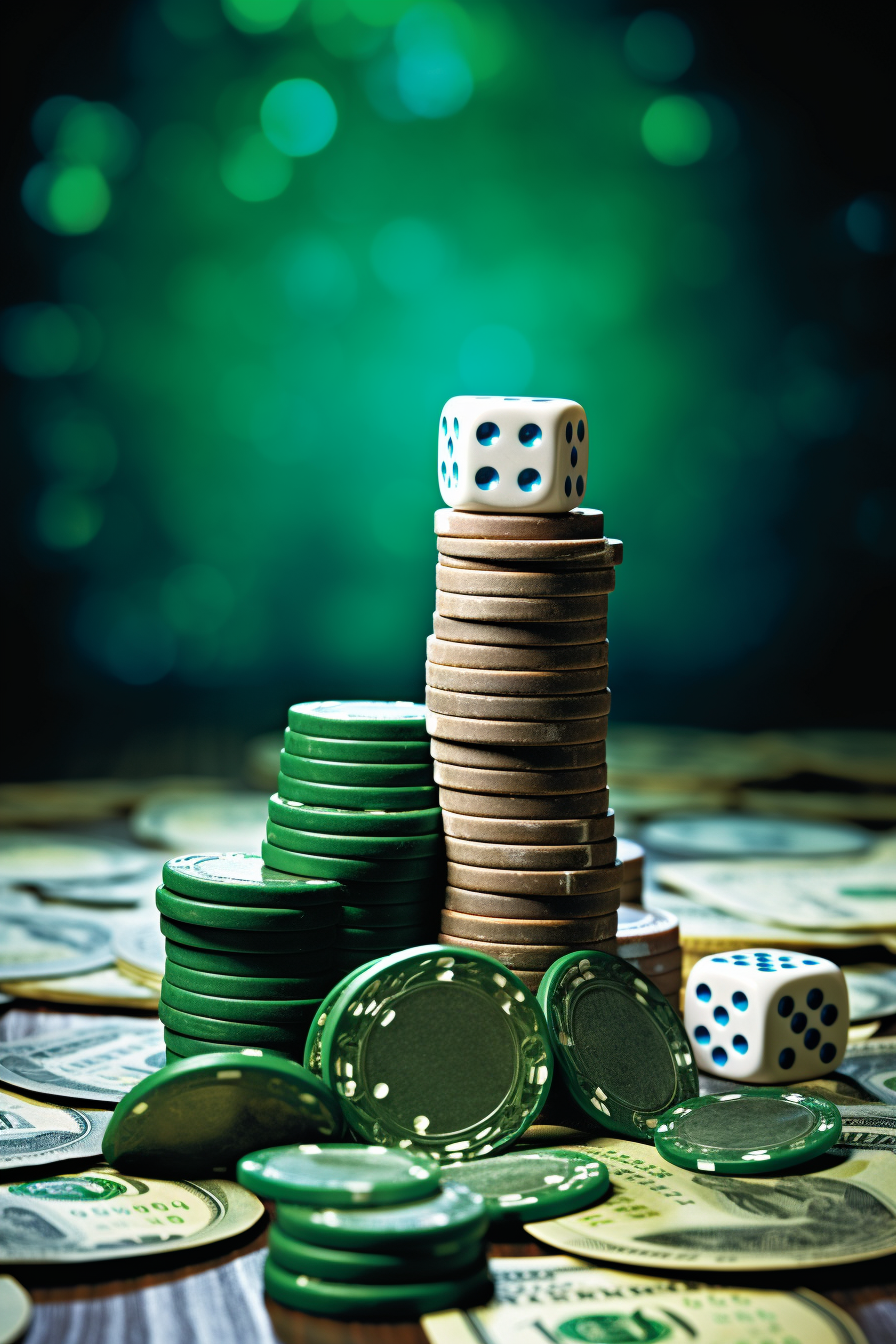 Stacked green dice and money stacks