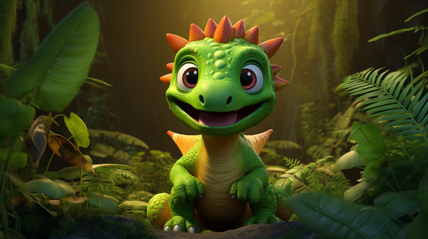 Cute green dinosaur in vibrant jungle