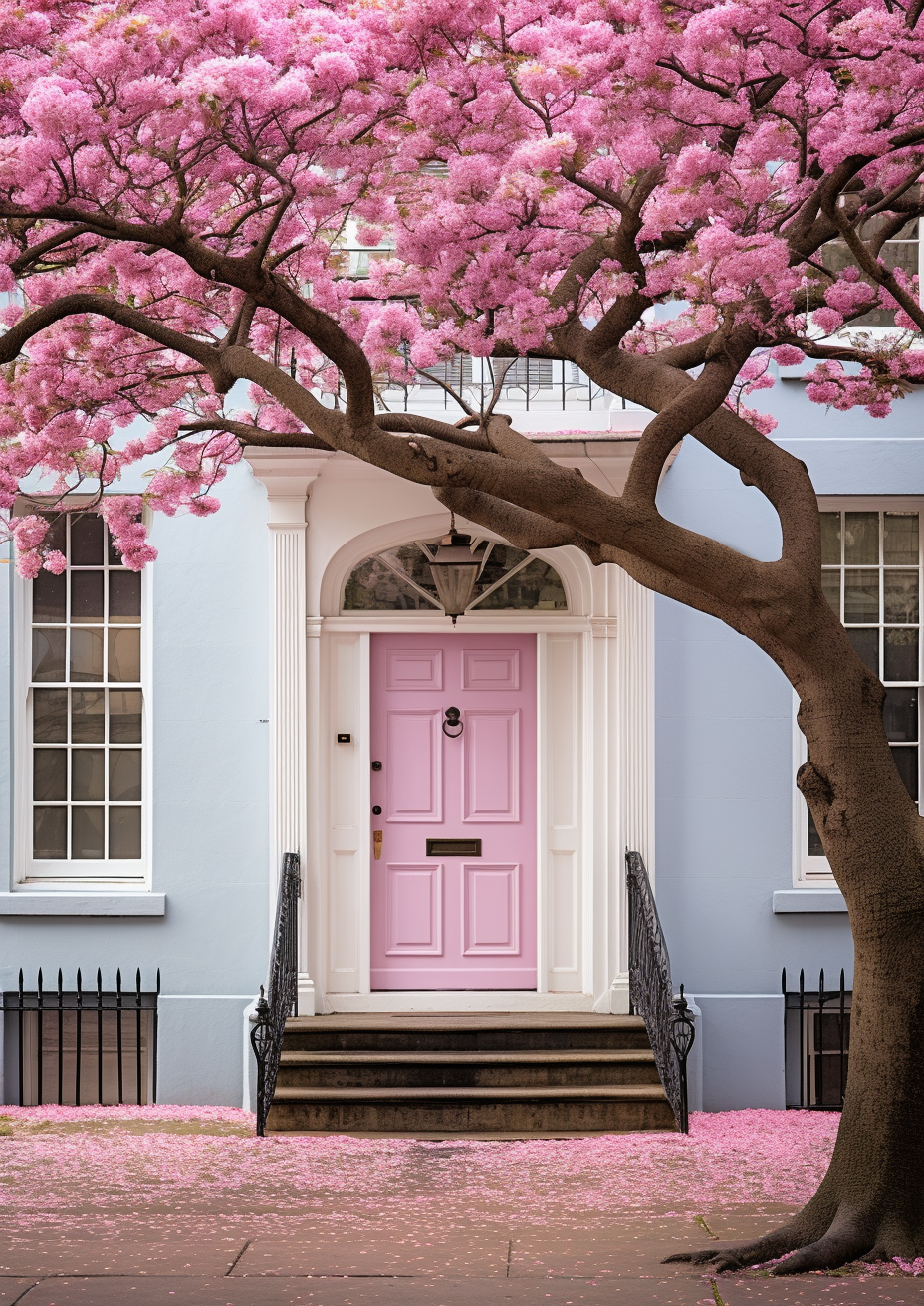 Charming green door framed by vibrant pink blossoms