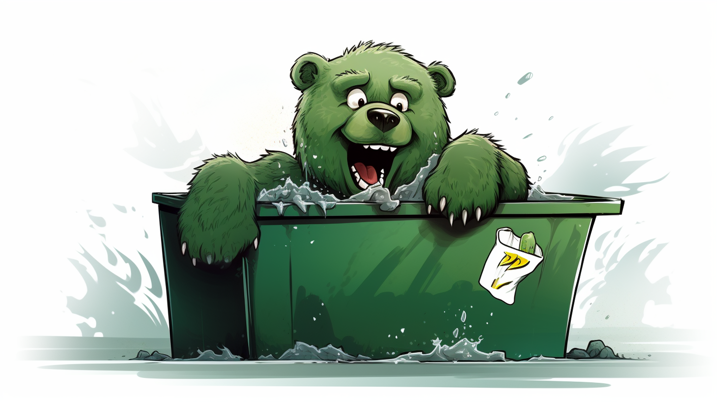 Smiling grizzly bear in green dumpster