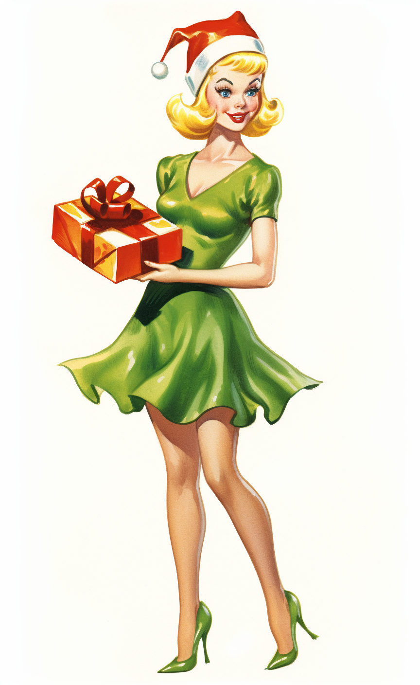 Girl in Green Elf Costume with Gift Box