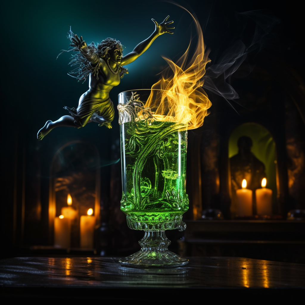 Green fairy rising from absinthe glass in candlelight