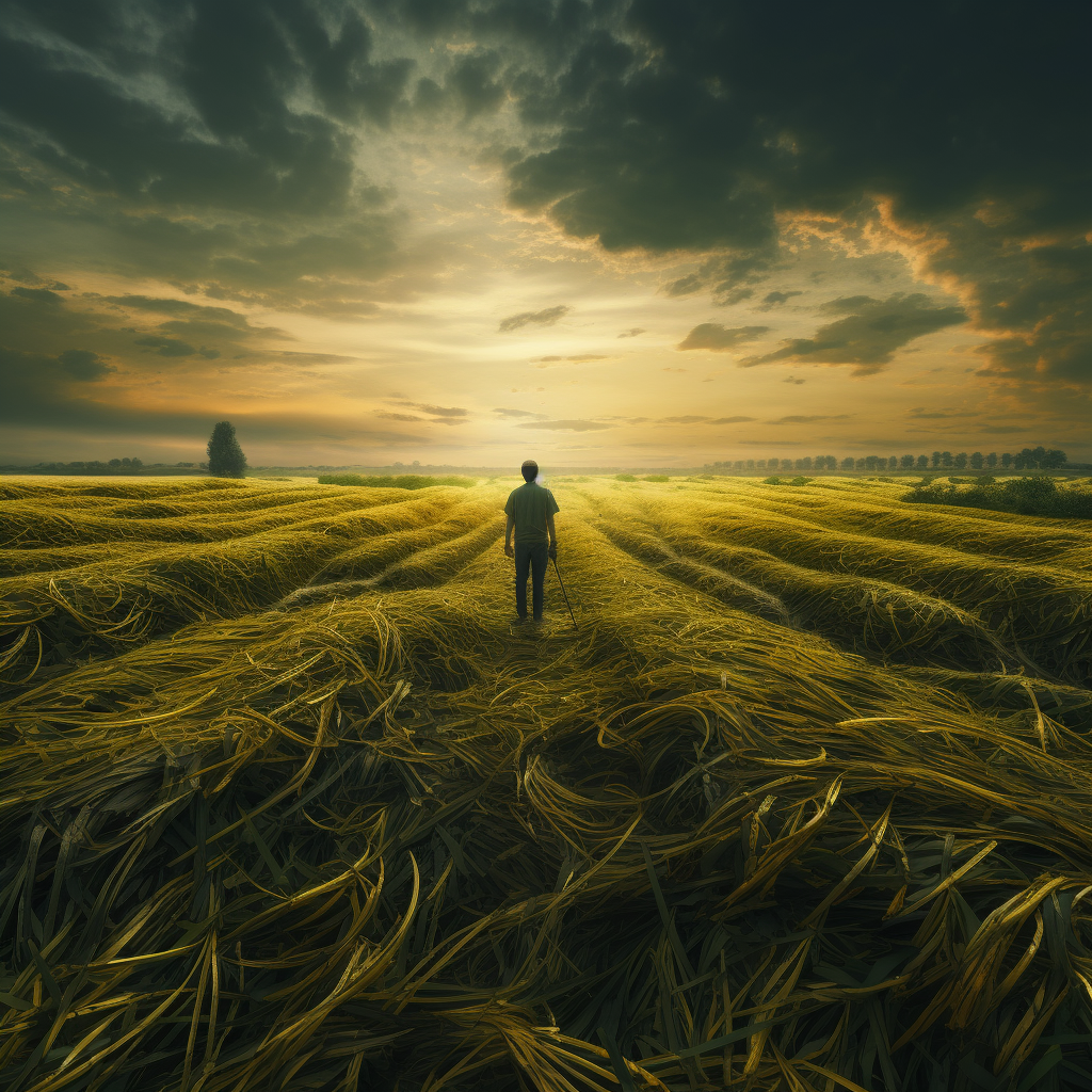 Farmer Collecting Uncooked Spaghetti Sticks from Green Field