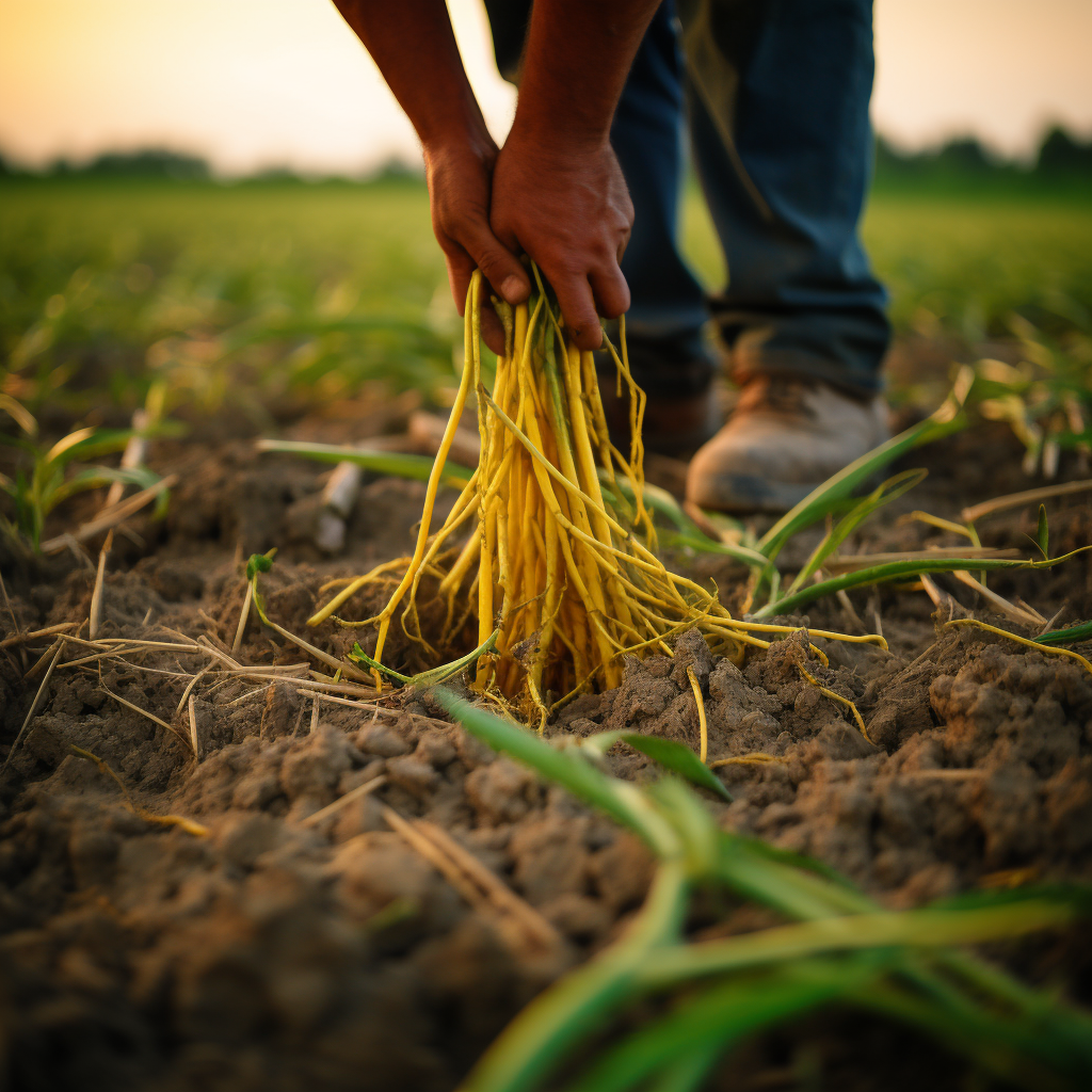 Farmer collecting uncooked spaghetti sticks in a green field