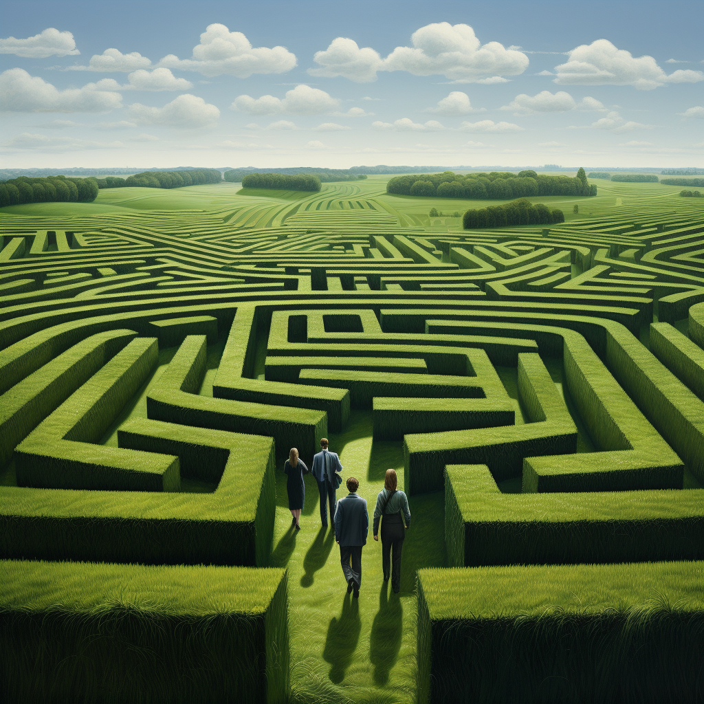 Friends in Maze, Surrounded by Buildings