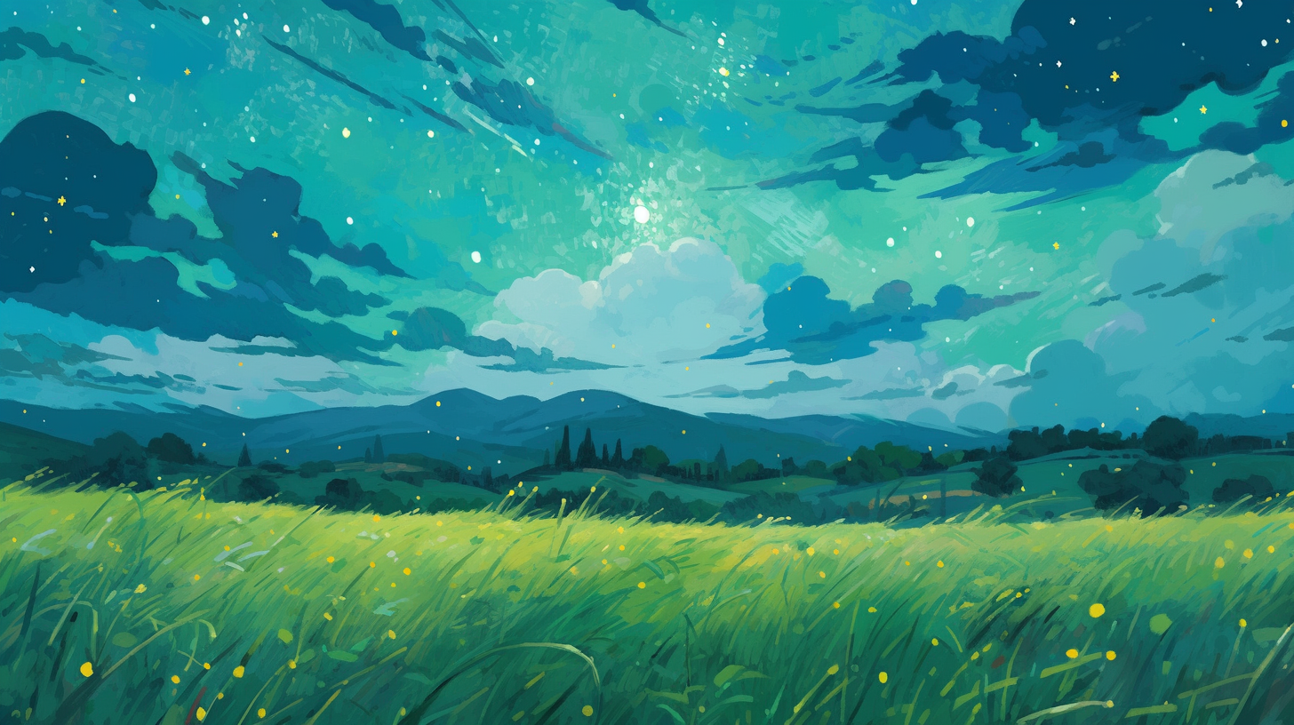 Green field with scattered clouds and stars